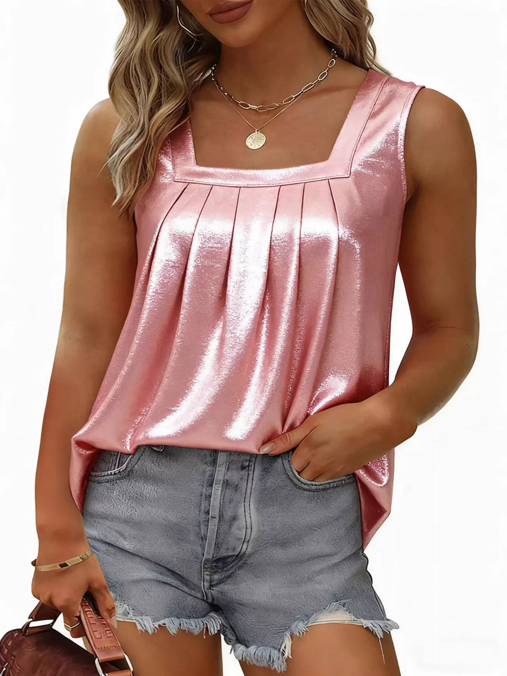 Full Size Pleated Square Neck Tank Plus Size