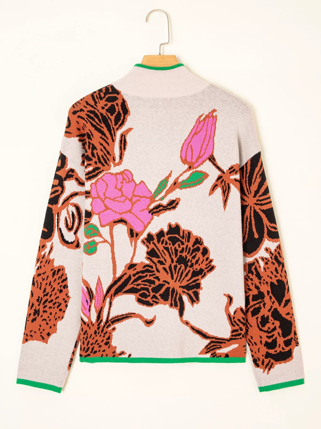 Floral Pattern Knit Quarter Zip Stand Neck Sweater