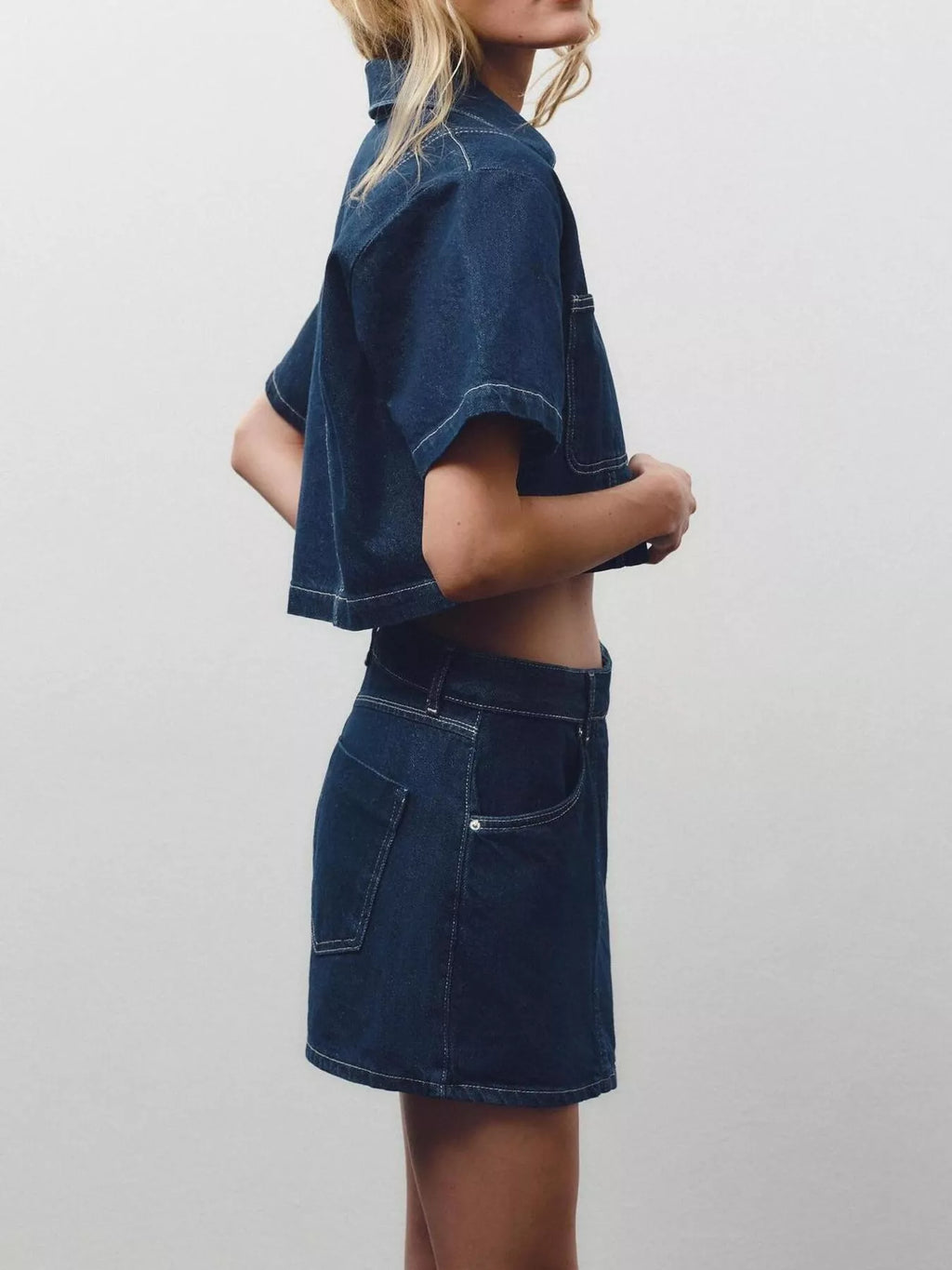 Button Up Short Sleeve Top and Skort Denim Set