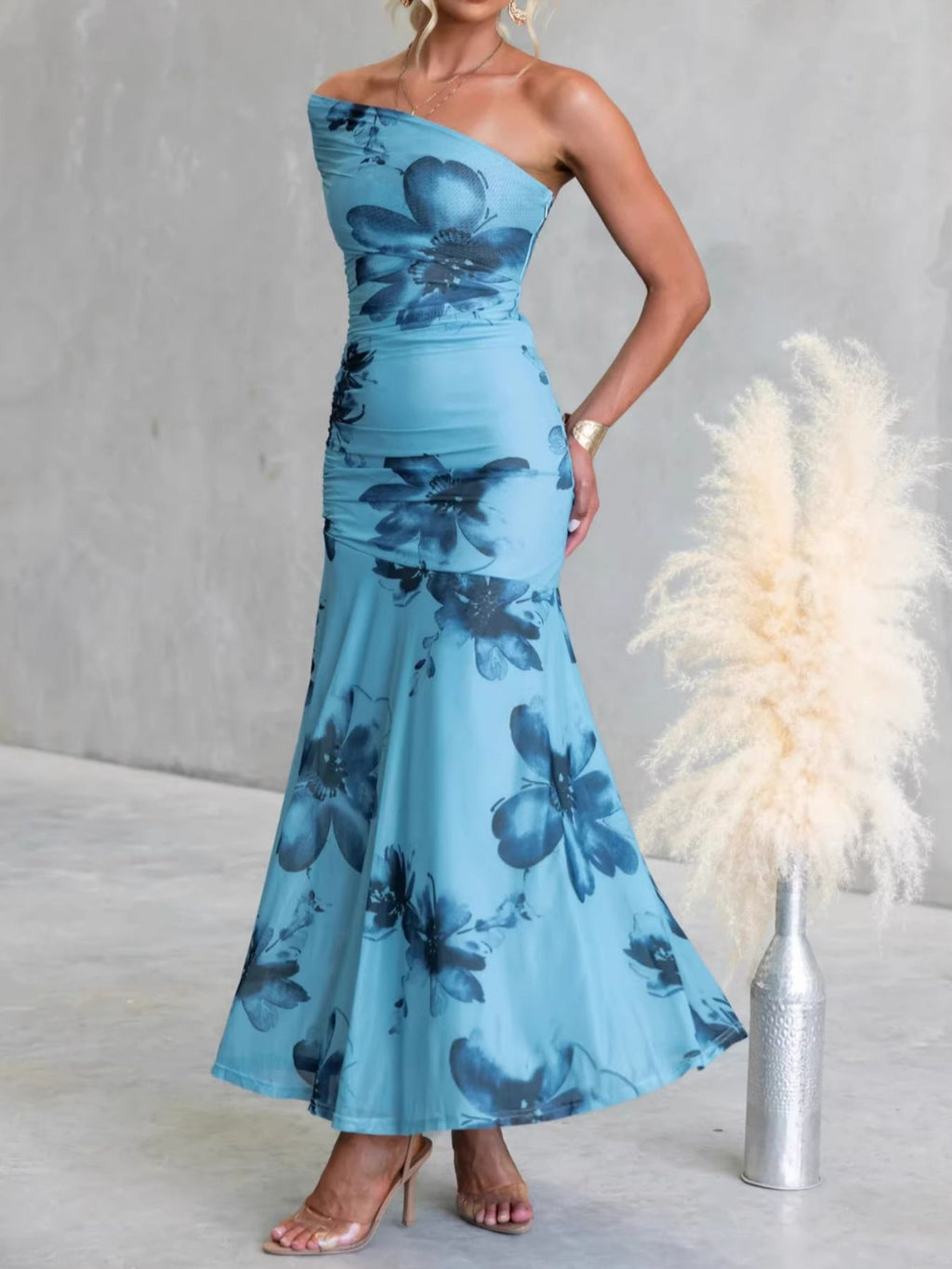 Floral Print One-Shoulder Ruched Maxi Dress