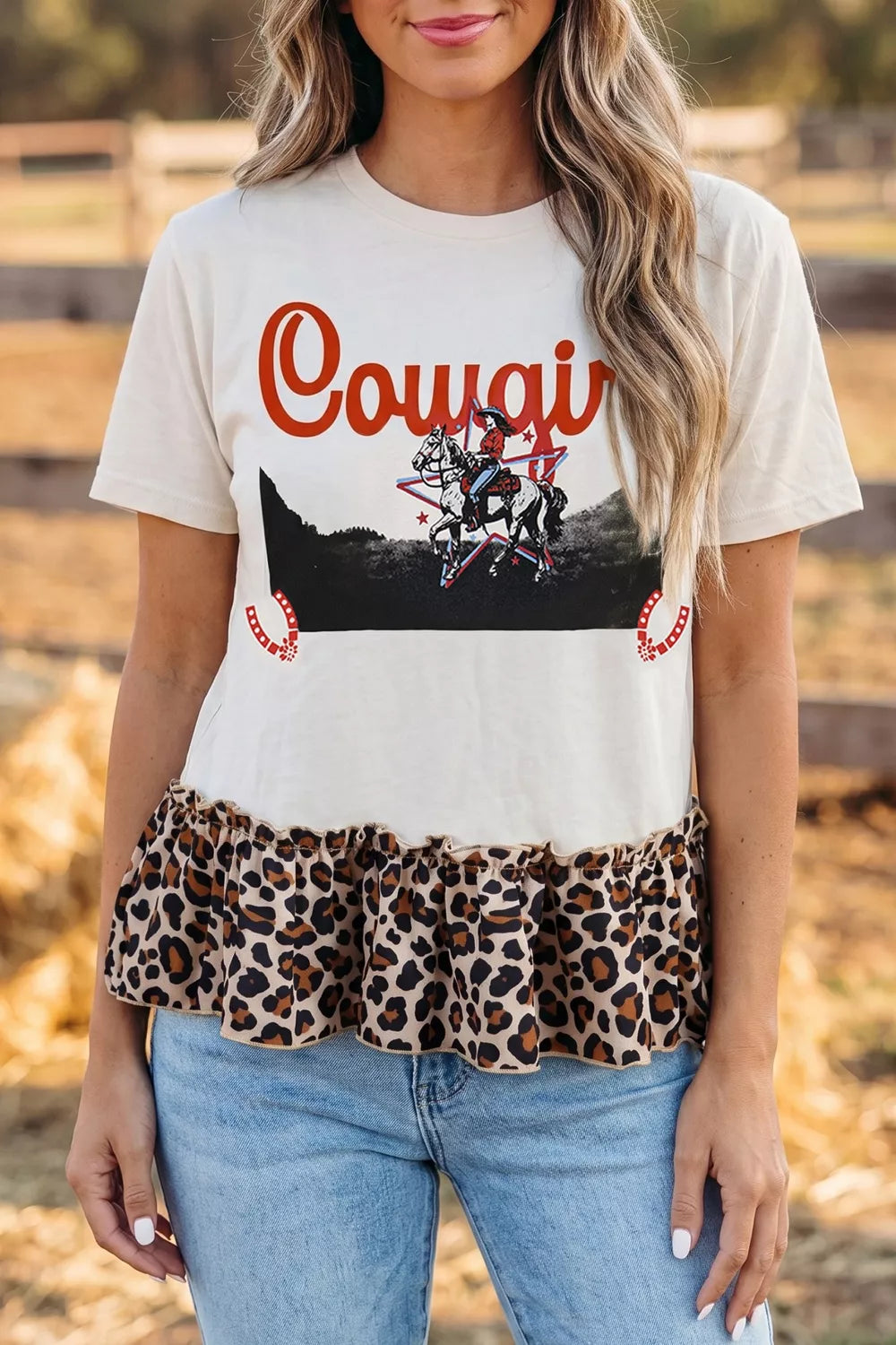 COWGIRL Print Leopard Ruffle Hem Patchwork T Shirt