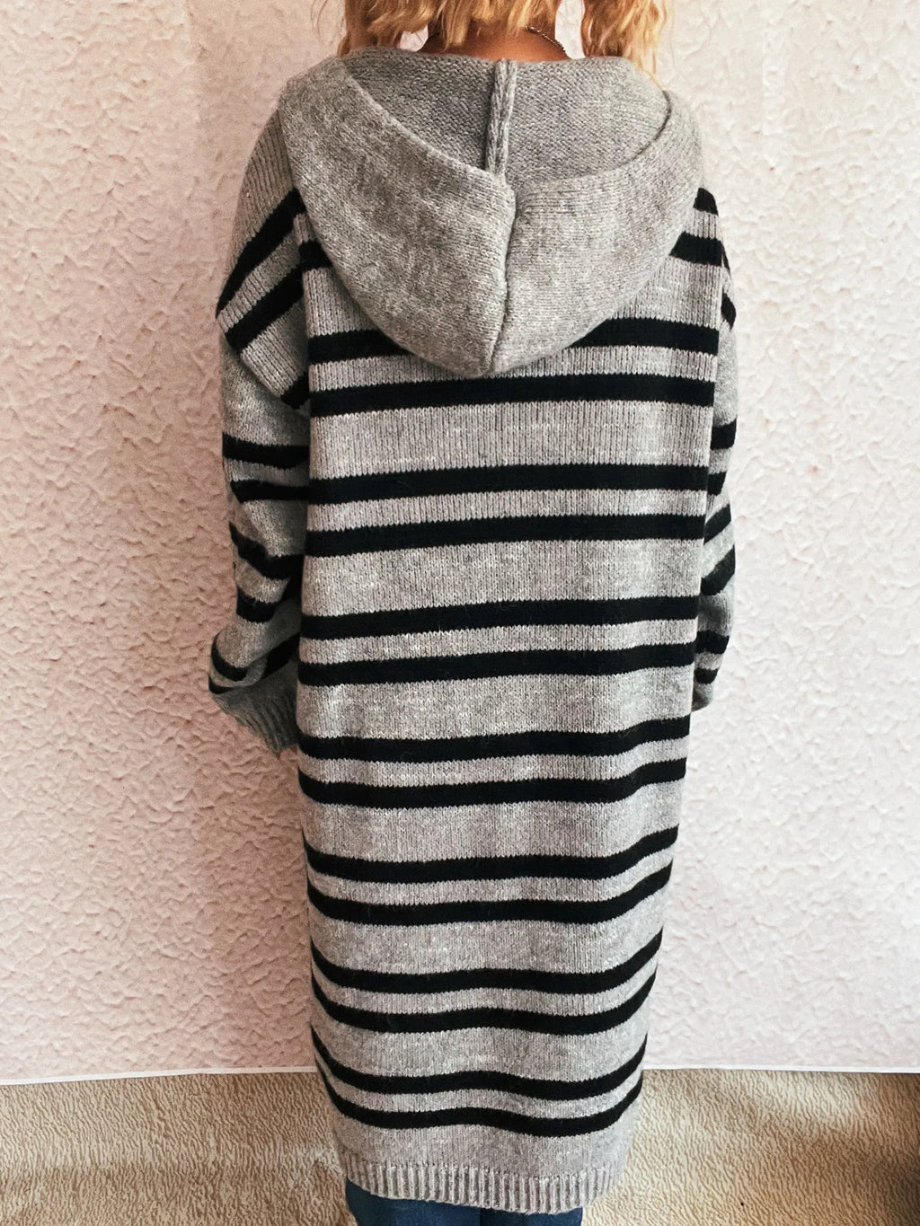 Striped Open Front Hooded Cardigan