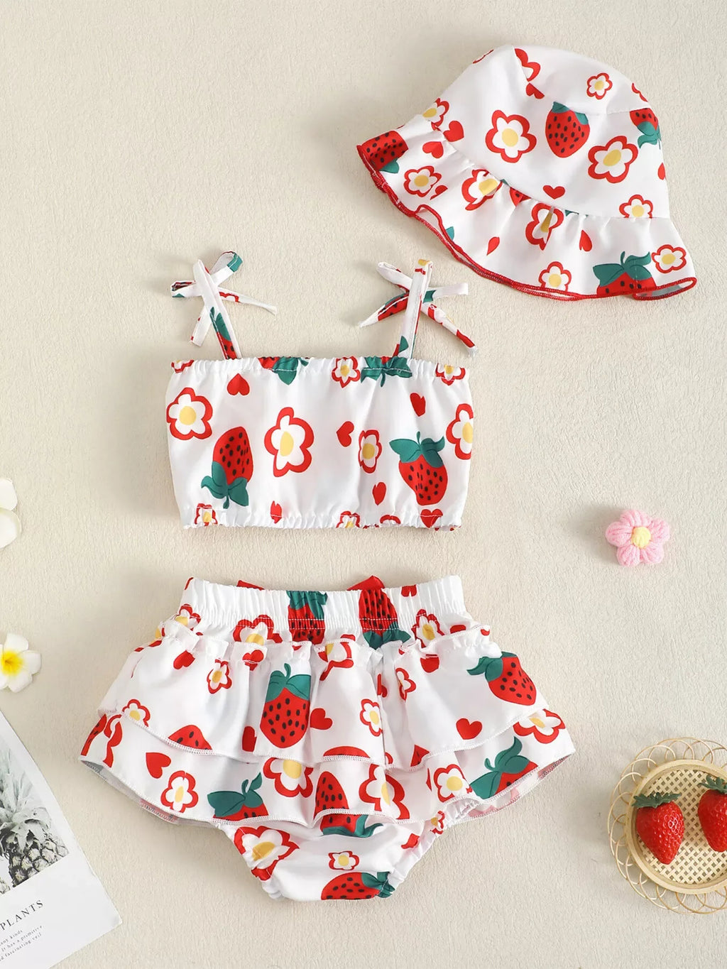 Children's Strawberry Print Cami and Skort Set with Hat