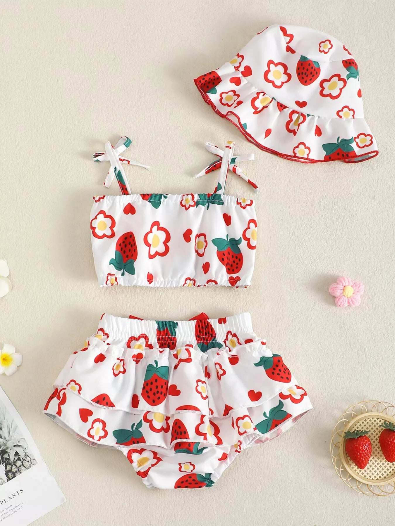 Children's Strawberry Print Cami and Skort Set with Hat
