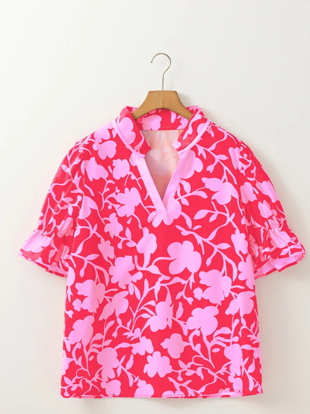 Floral Split V Neck Ruffled Short Sleeve Blouse Top