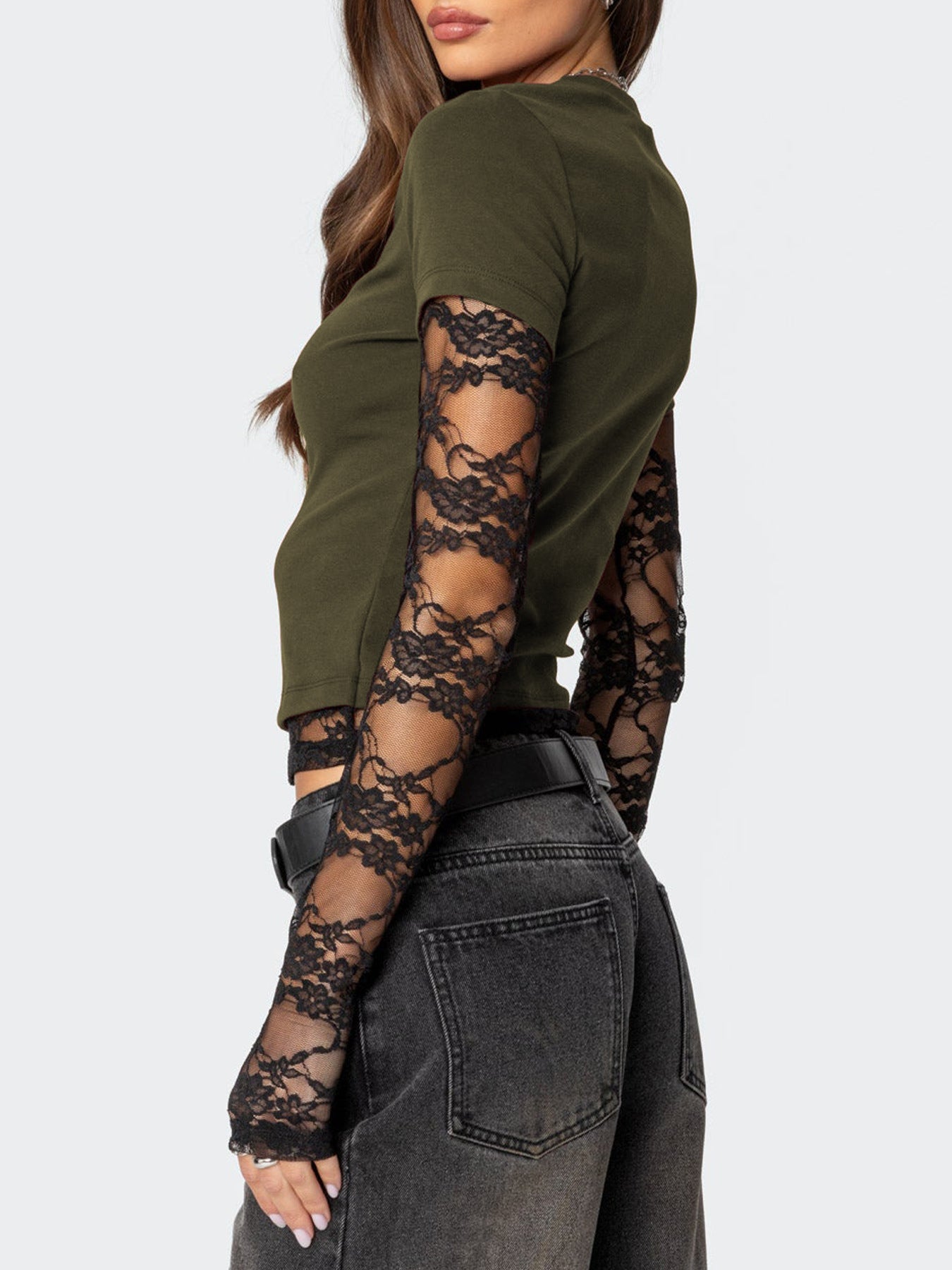 Lace Sleeve Fitted T-Shirt