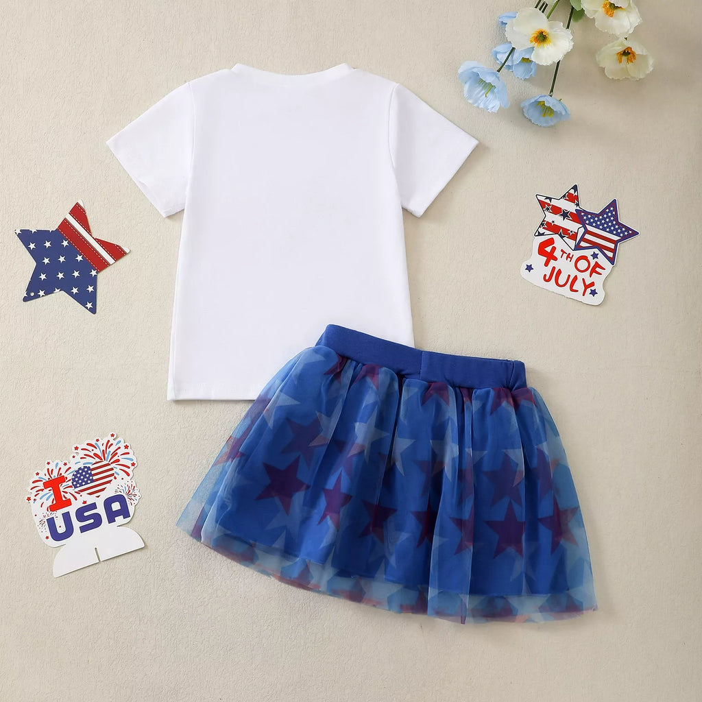 Children's American Flag Bow Tee and Tulle Skirt Set