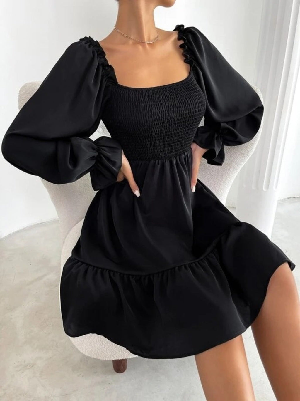Smocked Flounce Sleeve Mini Dress