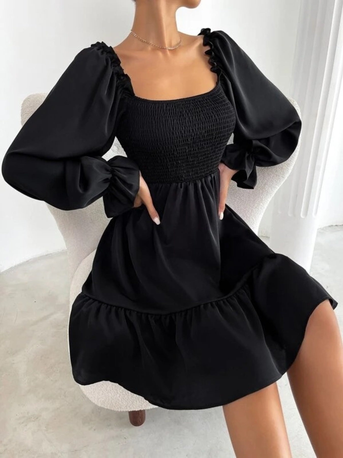 Smocked Flounce Sleeve Mini Dress