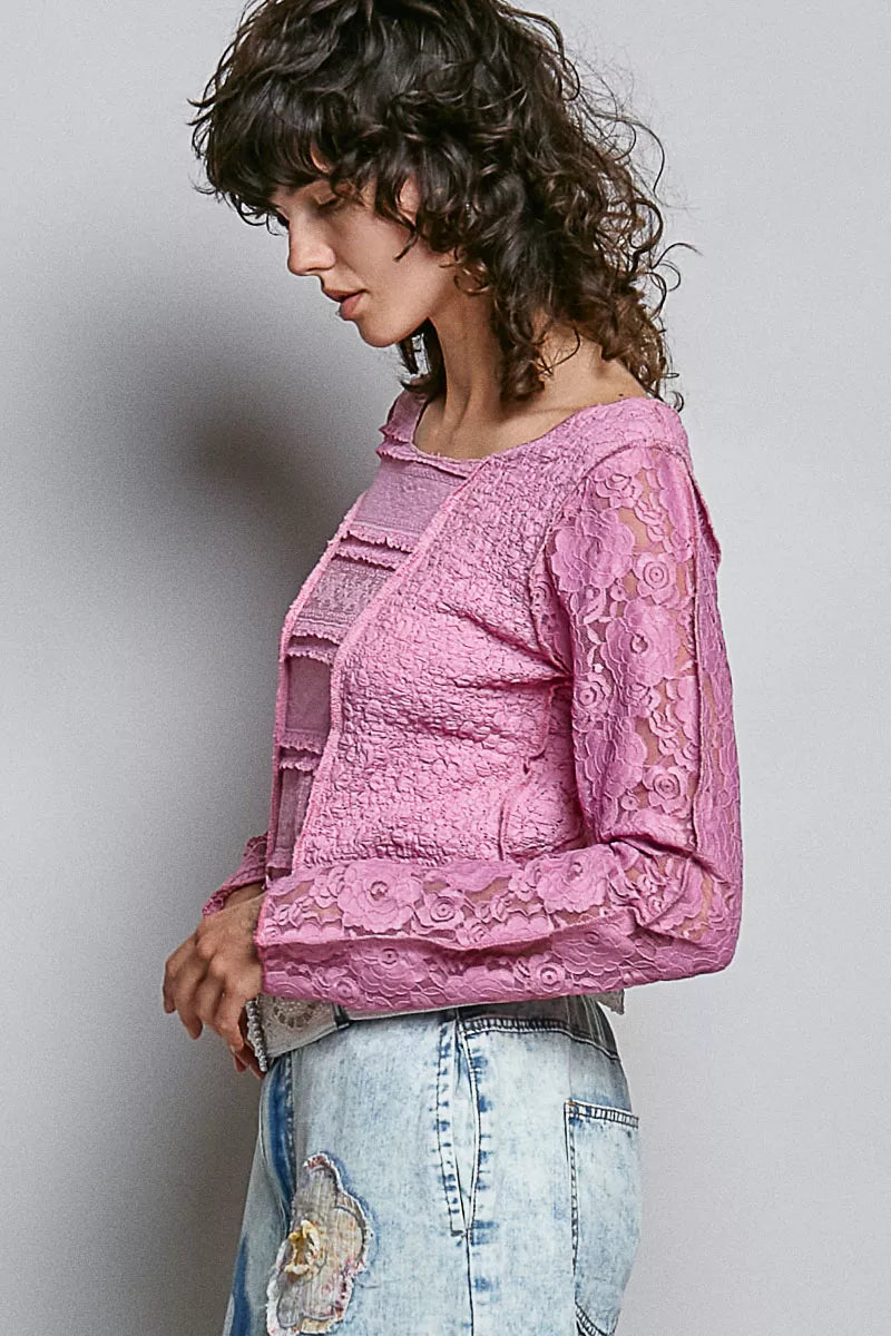 POL Round Neck Long Sleeve Exposed Seam Top with Lace Detail