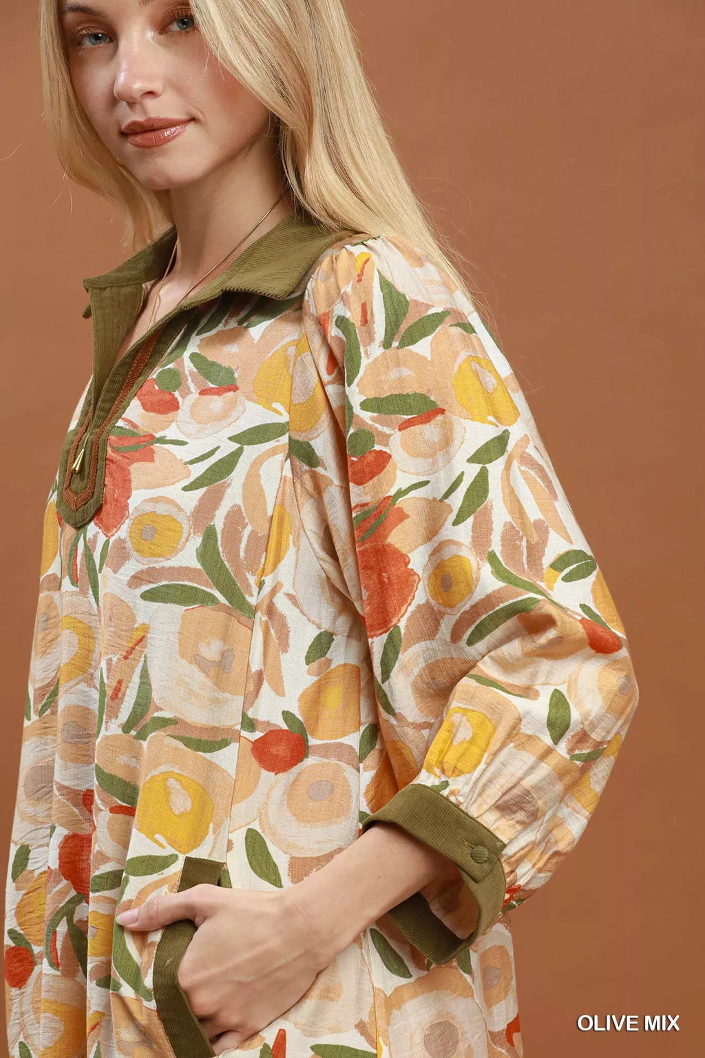 Umgee Mix Floral Contrast Trim Shift Mini Dress