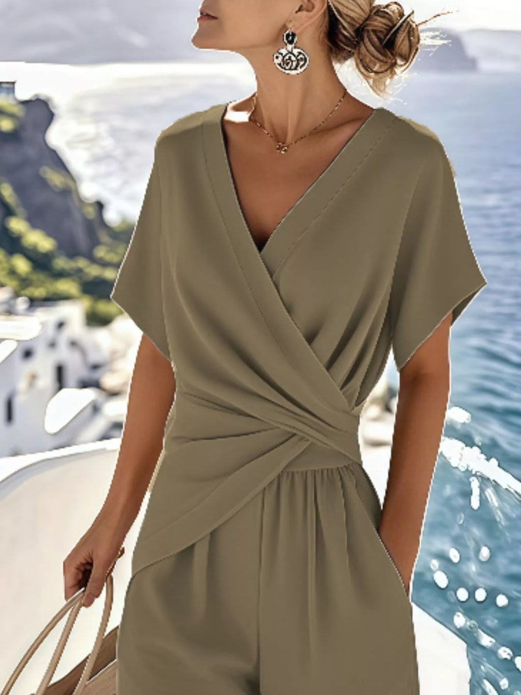 Full Size Twist-Front V-Neck Top and Pants Set Plus Size