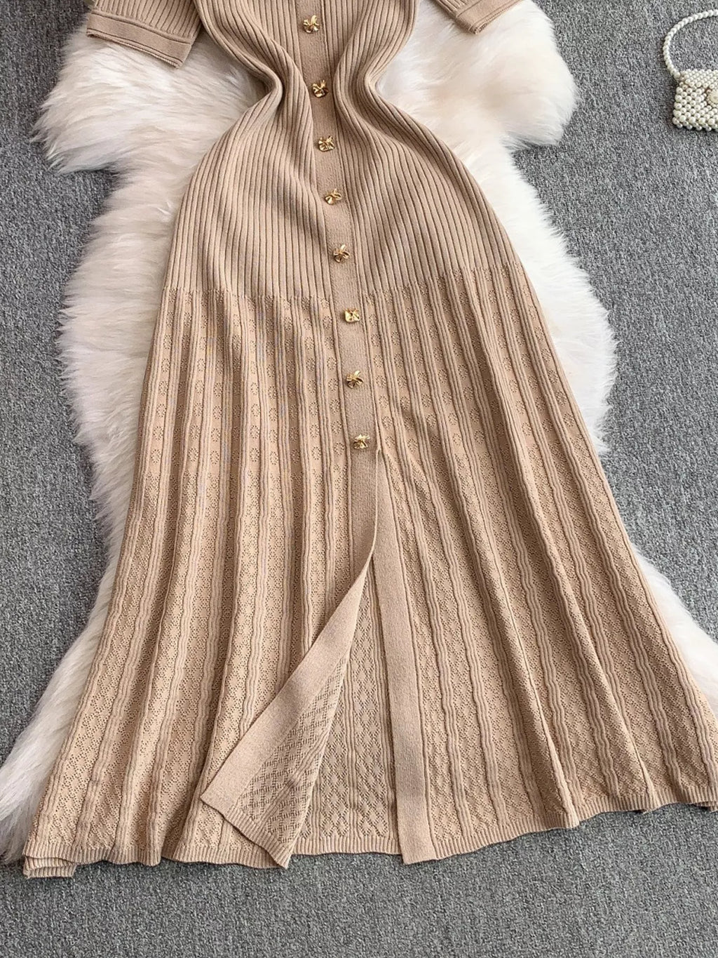Button Front Ribbed Knit Midi Dress