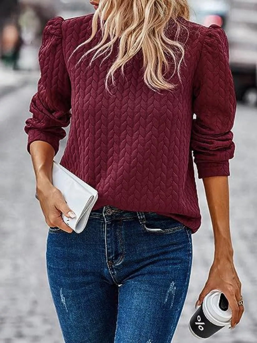 Texture Round Neck Long Sleeve Sweatshirt