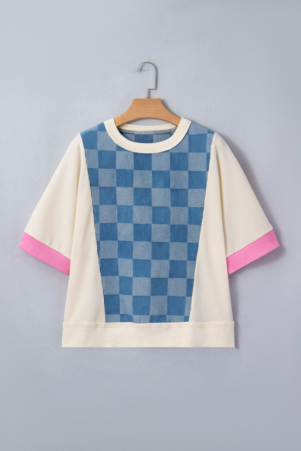 Checkered Denim Patchwork Short Sleeve Loose Top