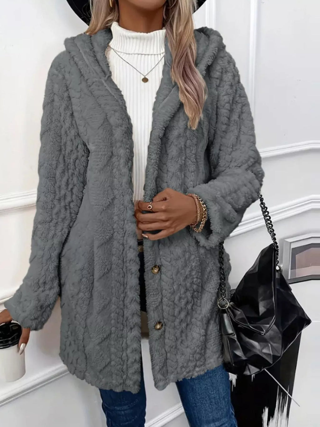 Full Size Button-Down Hooded Outerwear Plus Size