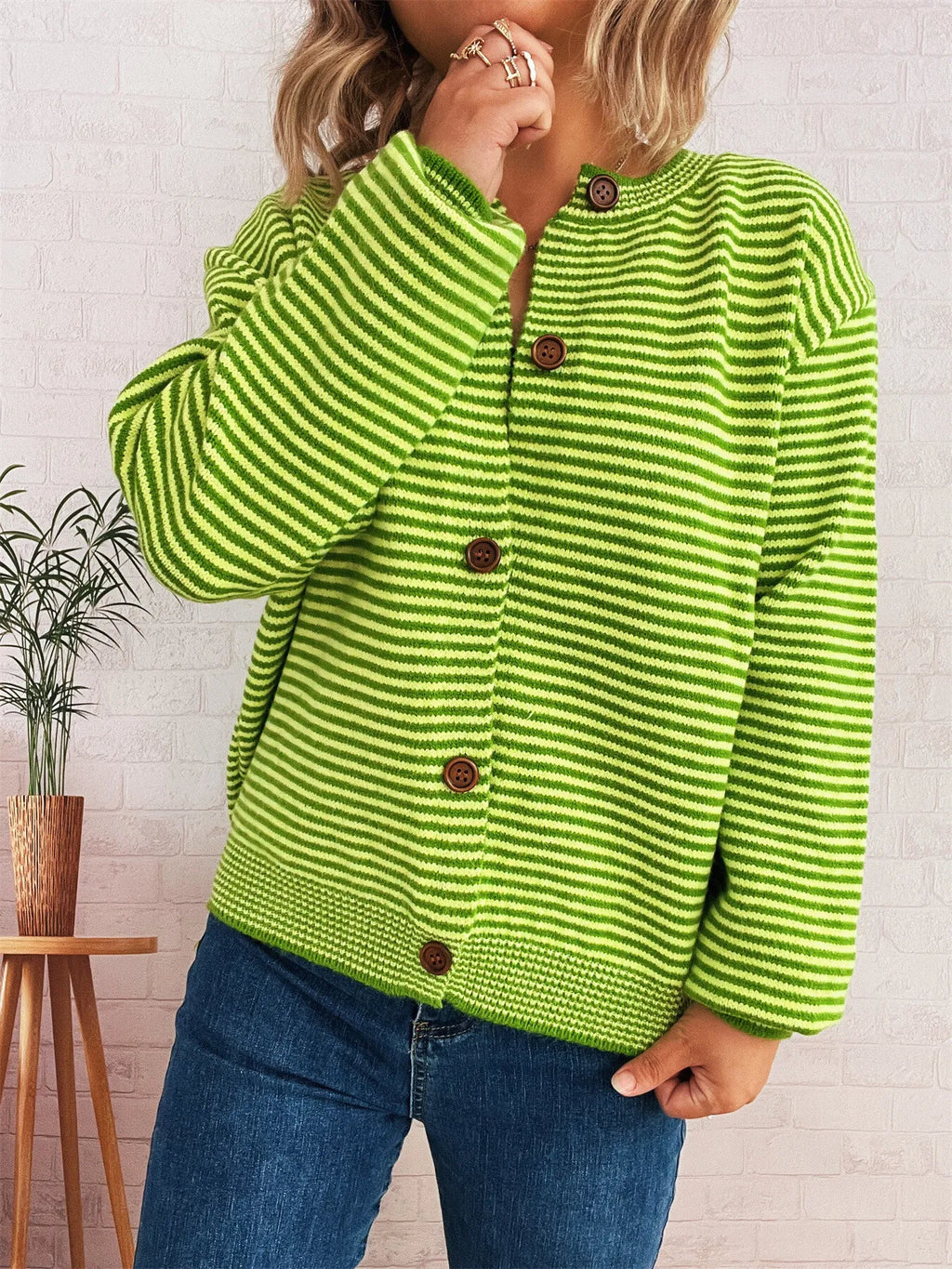 Striped Button Up Long Sleeve Cardigan