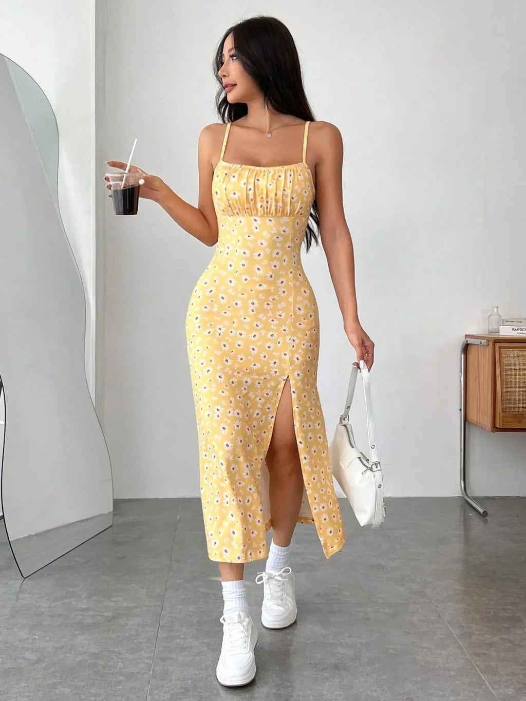 Slit Bodice Midi Cami Dress