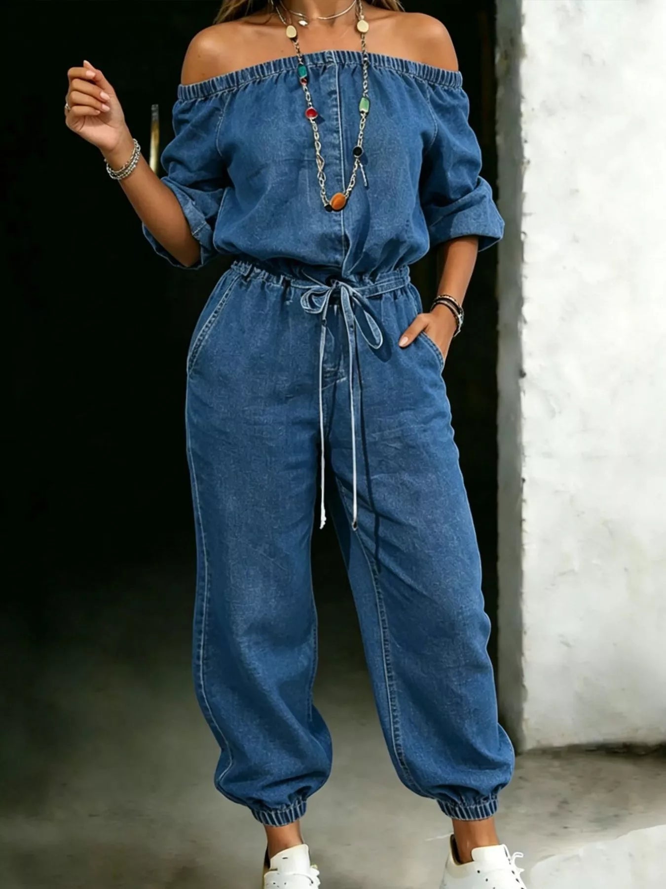 Off Shoulder Jumpsuit with Pockets