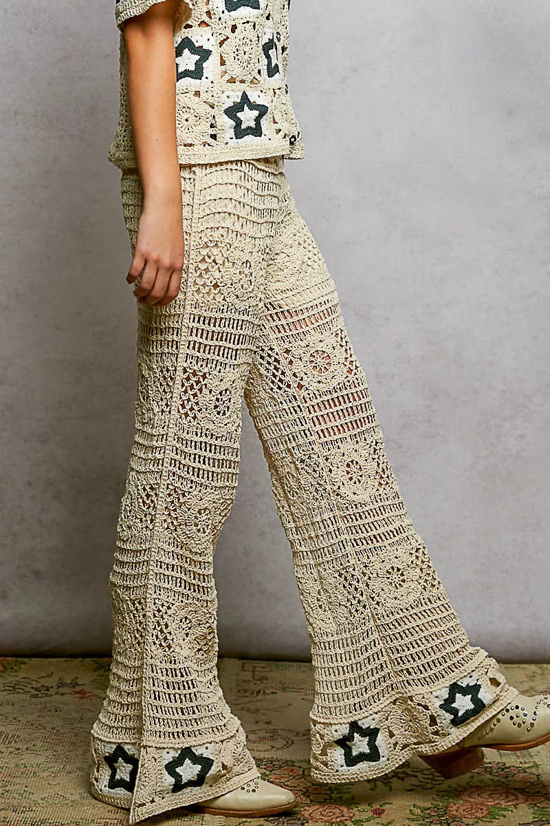 POL Openwork Crochet Flare Pants with Contrast Star