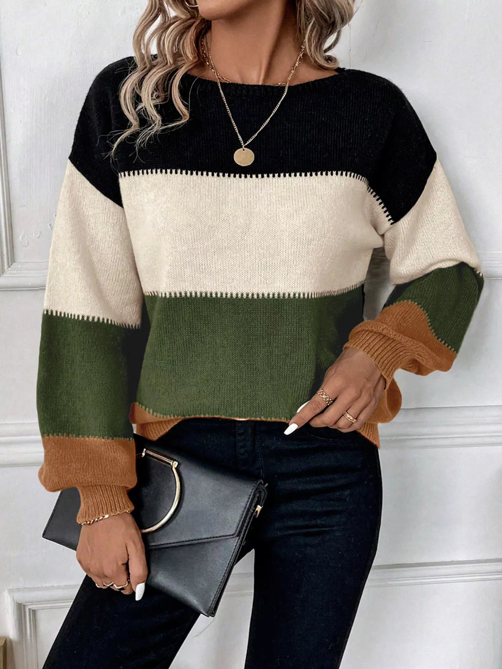 Color Block Round Neck Knit  Sweater