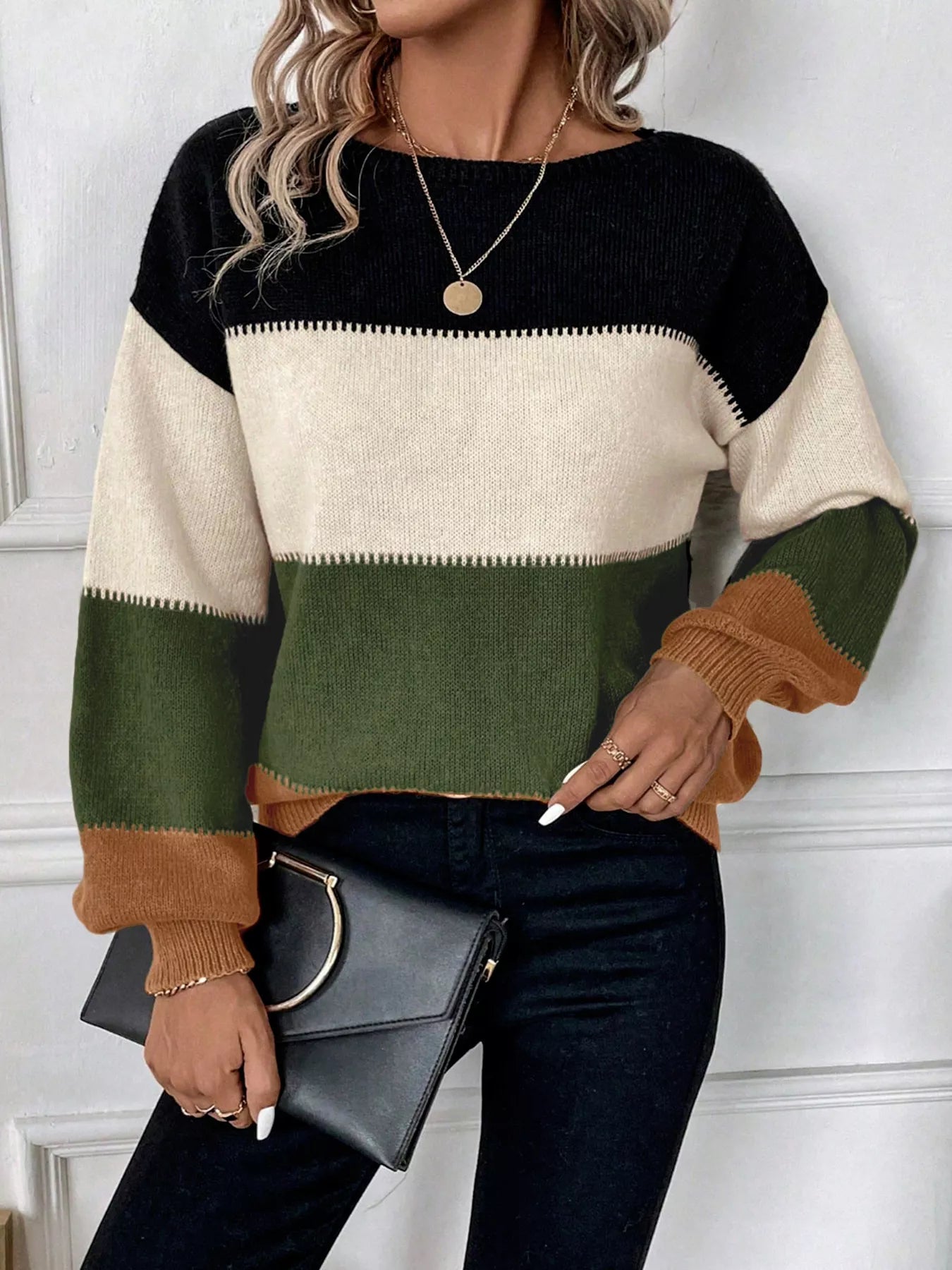 Color Block Round Neck Knit  Sweater