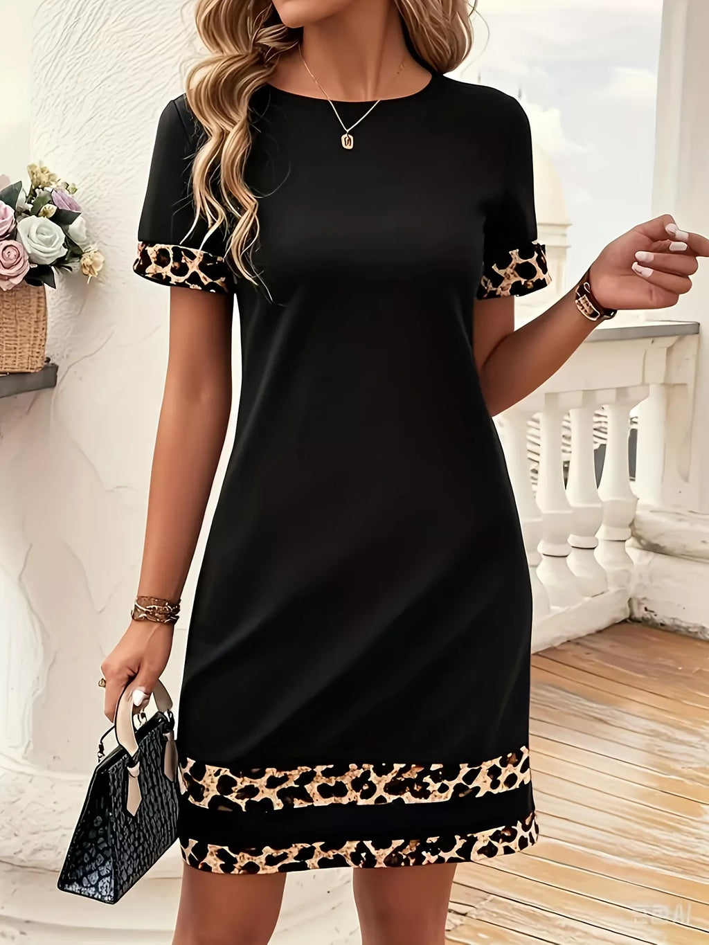Full Size Leopard Trim Round Neck Mini Dress Plus Size