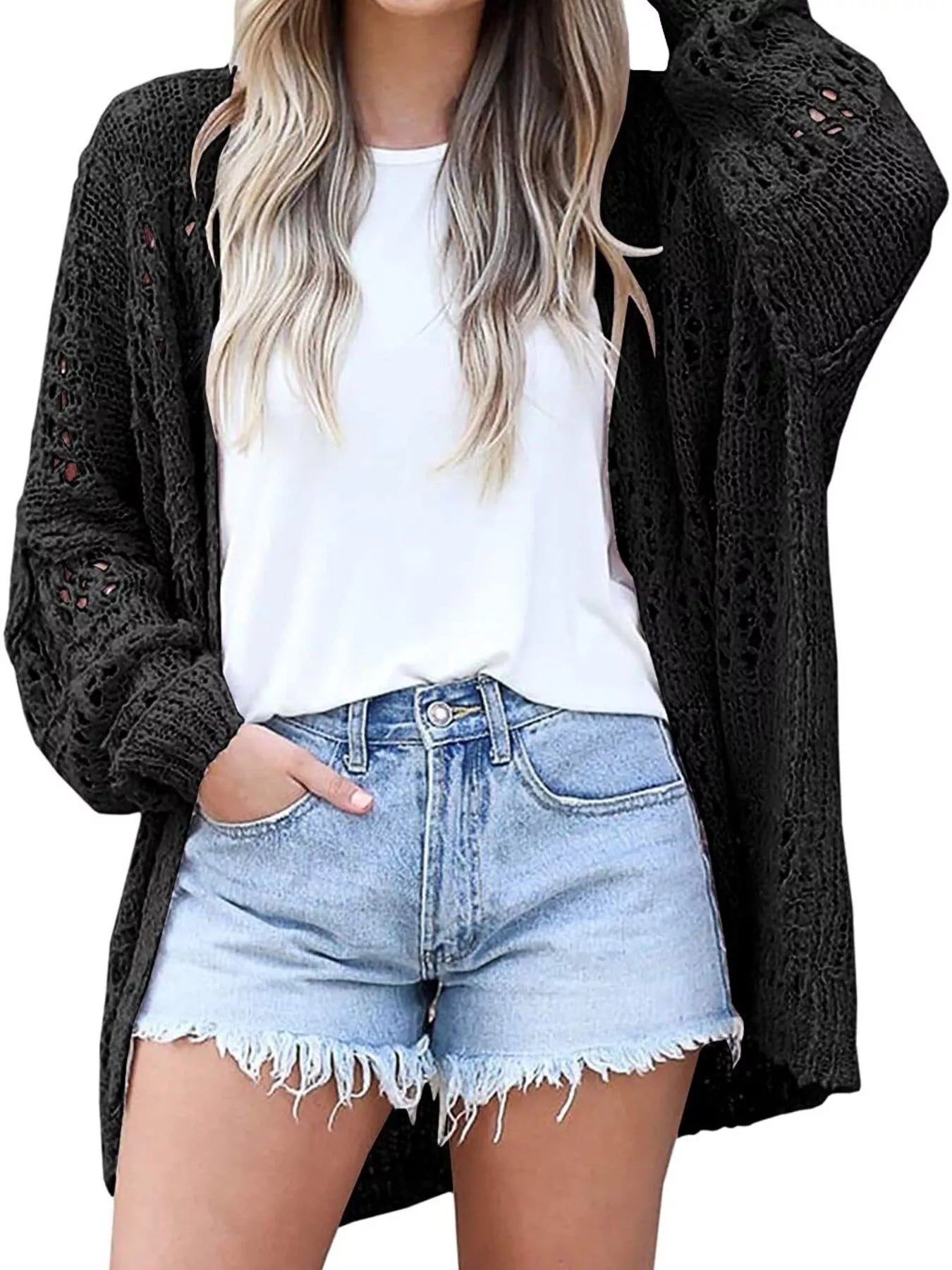 Full Size Openwork Open Front Lightweight Cardigan Plus Size