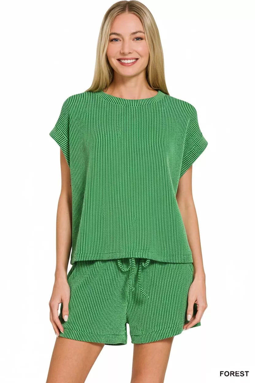 Zenana Raised Rib Cap Sleeve Top & Shorts Set
