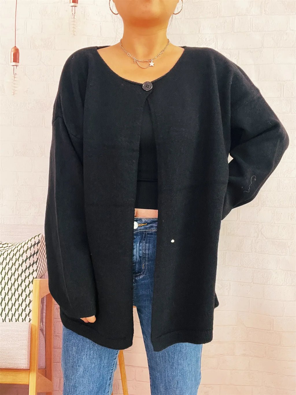 One Button Front Drop Shoulder Cardigan