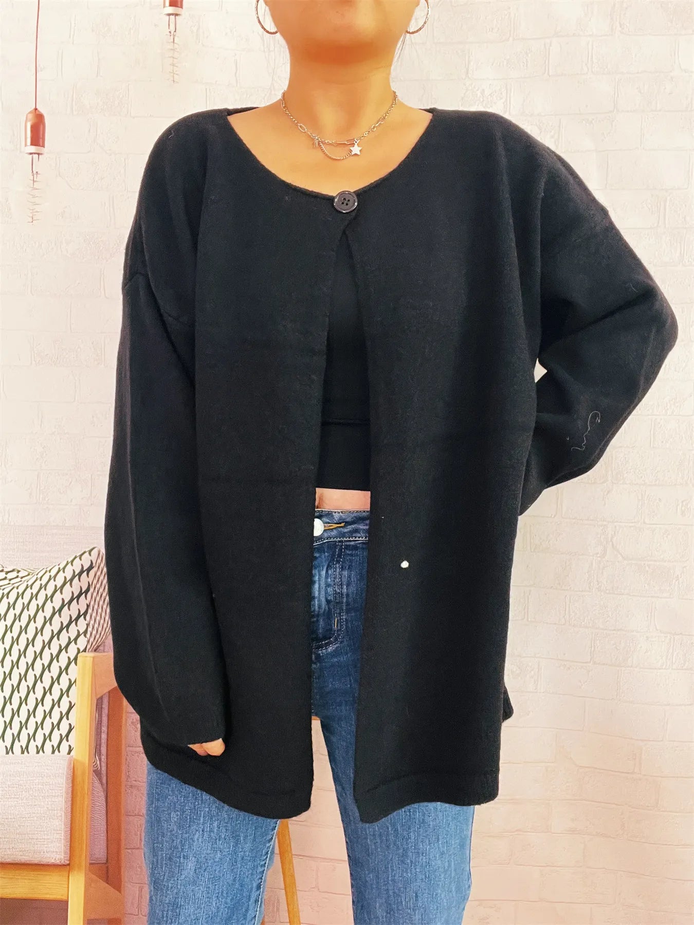 One Button Front Drop Shoulder Cardigan
