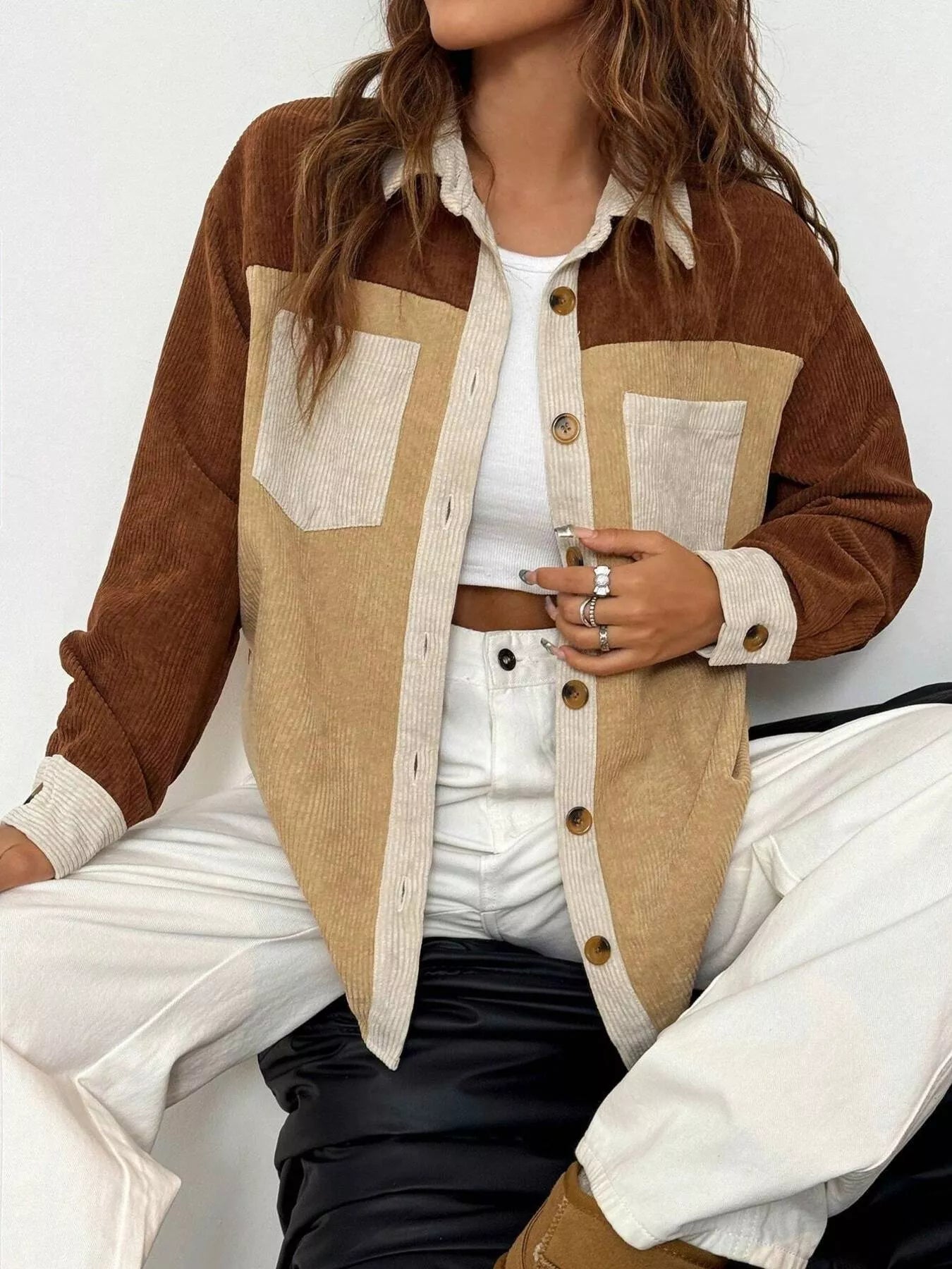 Color Block Corduroy Button-Up Jacket
