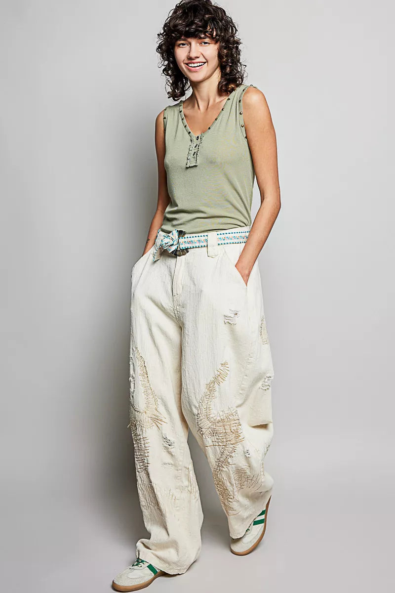 POL Studded Trim Button-Front Ruffle Detail Tank