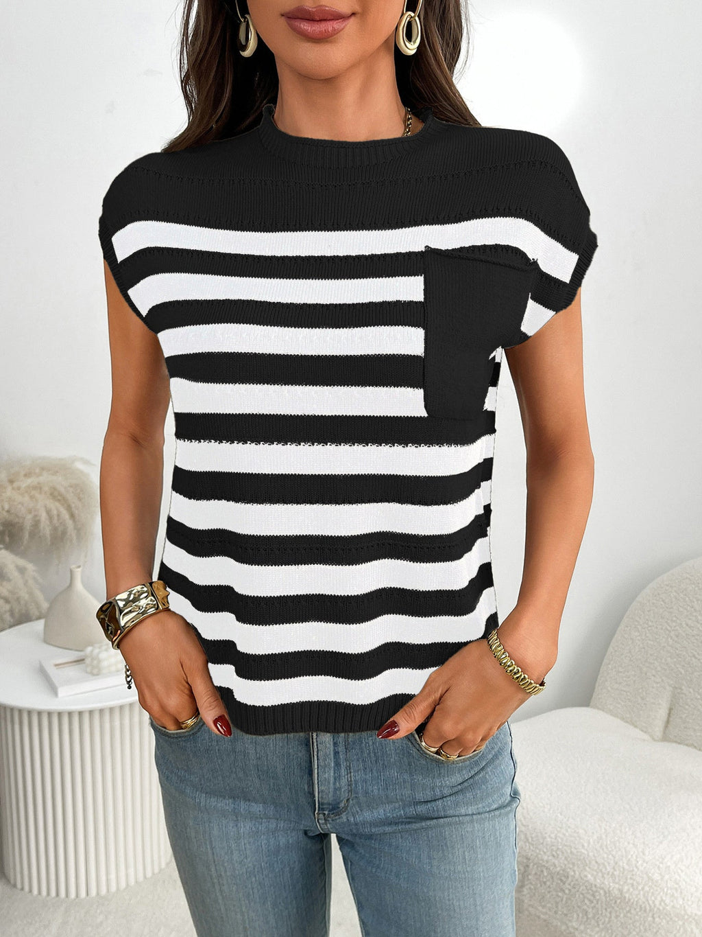 Striped Knit Pocket Detail Cap Sleeve Sweater