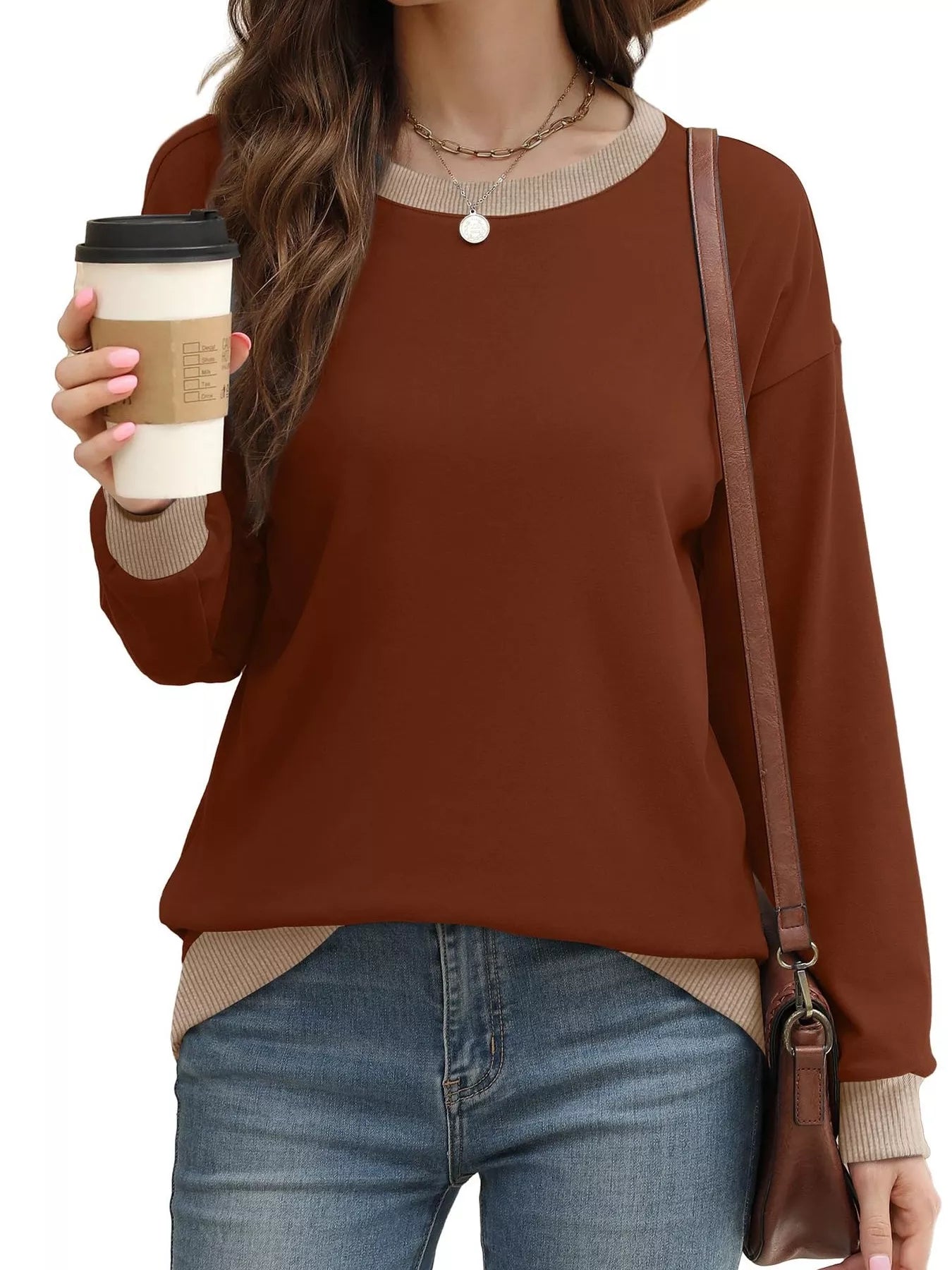 Contrast Trim Crew Neck Casual Sweatshirt