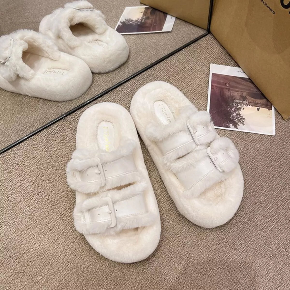 Fuzzy Buckle Detail Slippers
