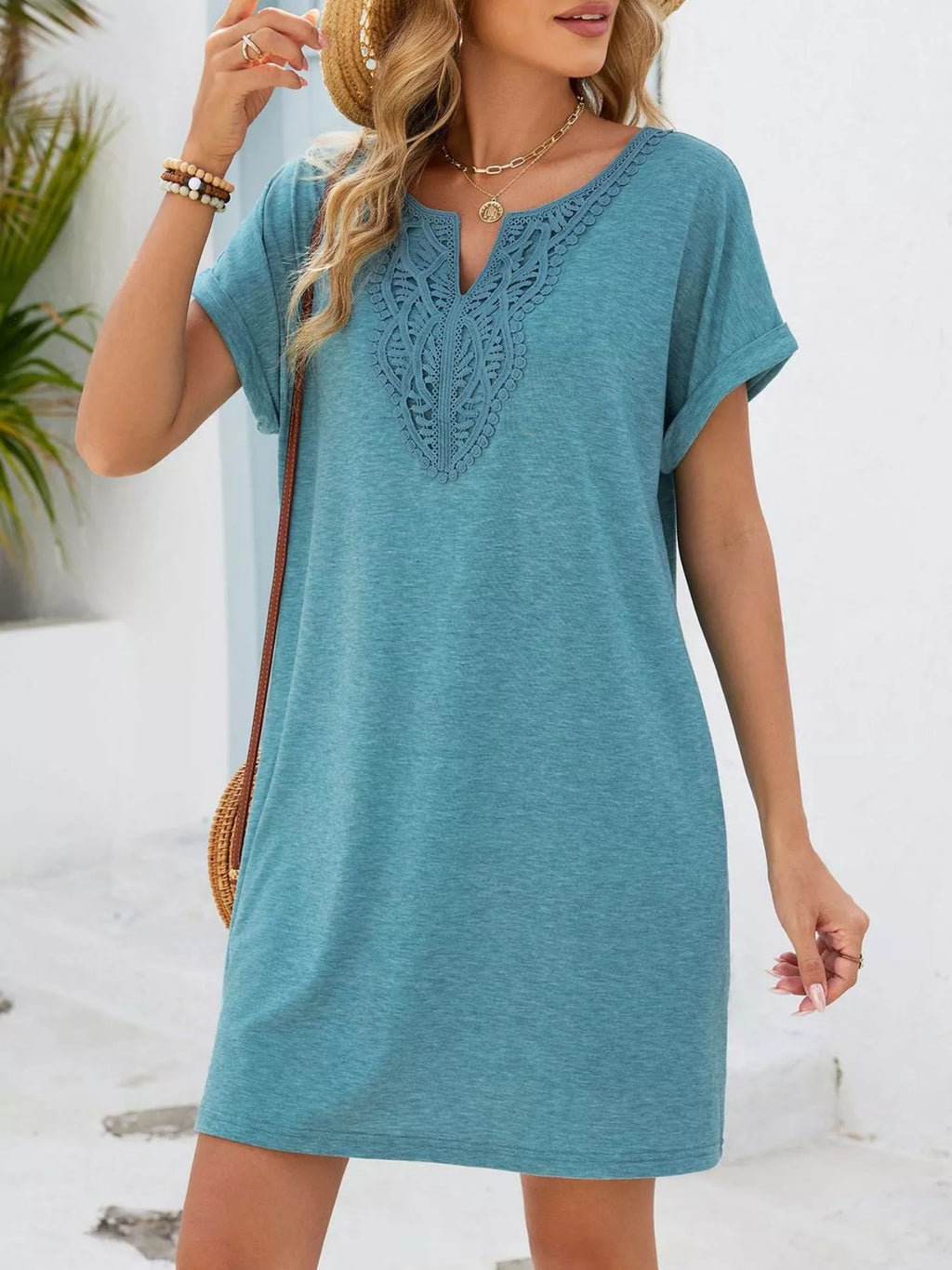 Lace Trim Notched Short Sleeve Dress