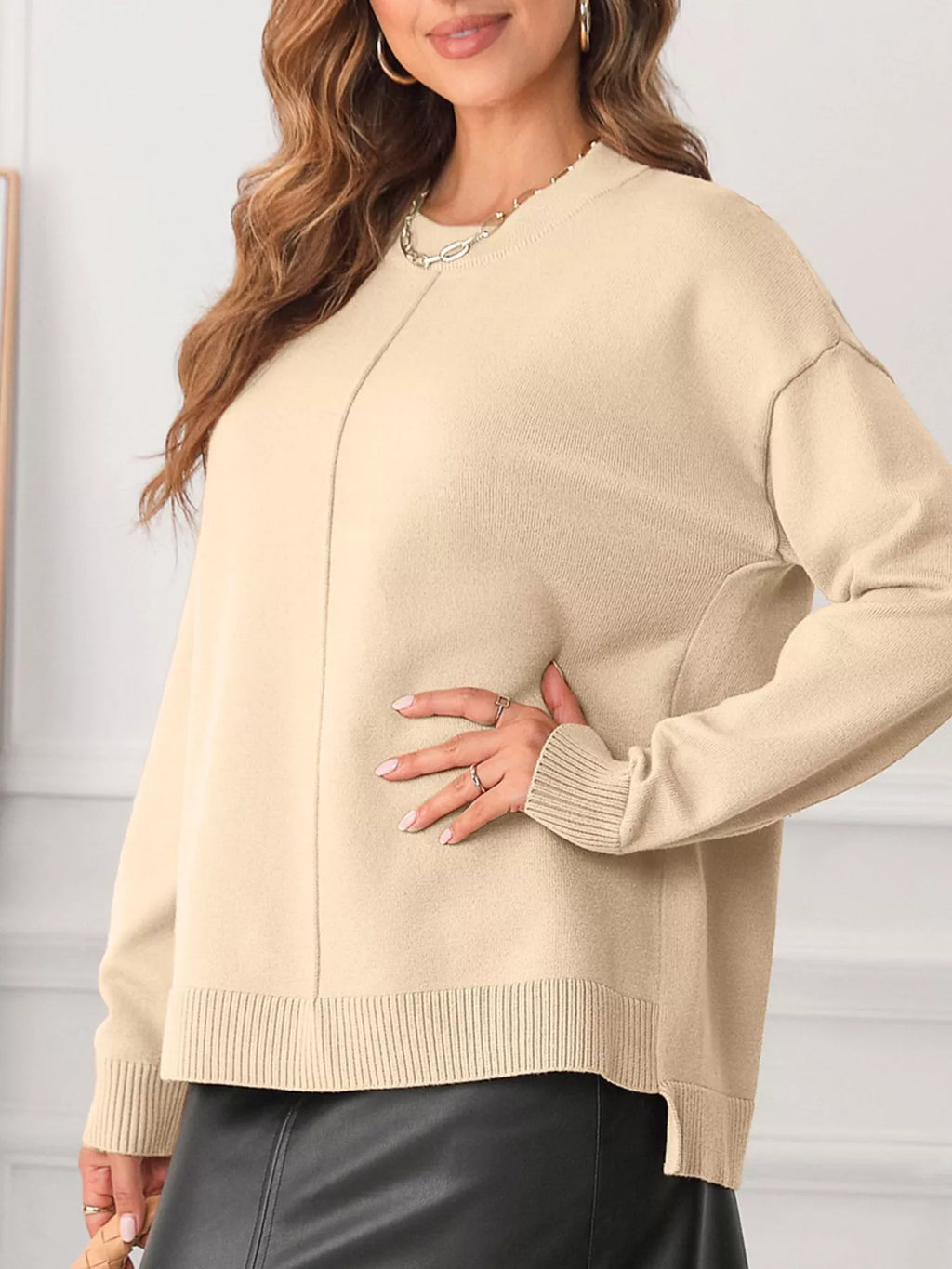 Front Center Seam Drop Shoulder Solid Sweater