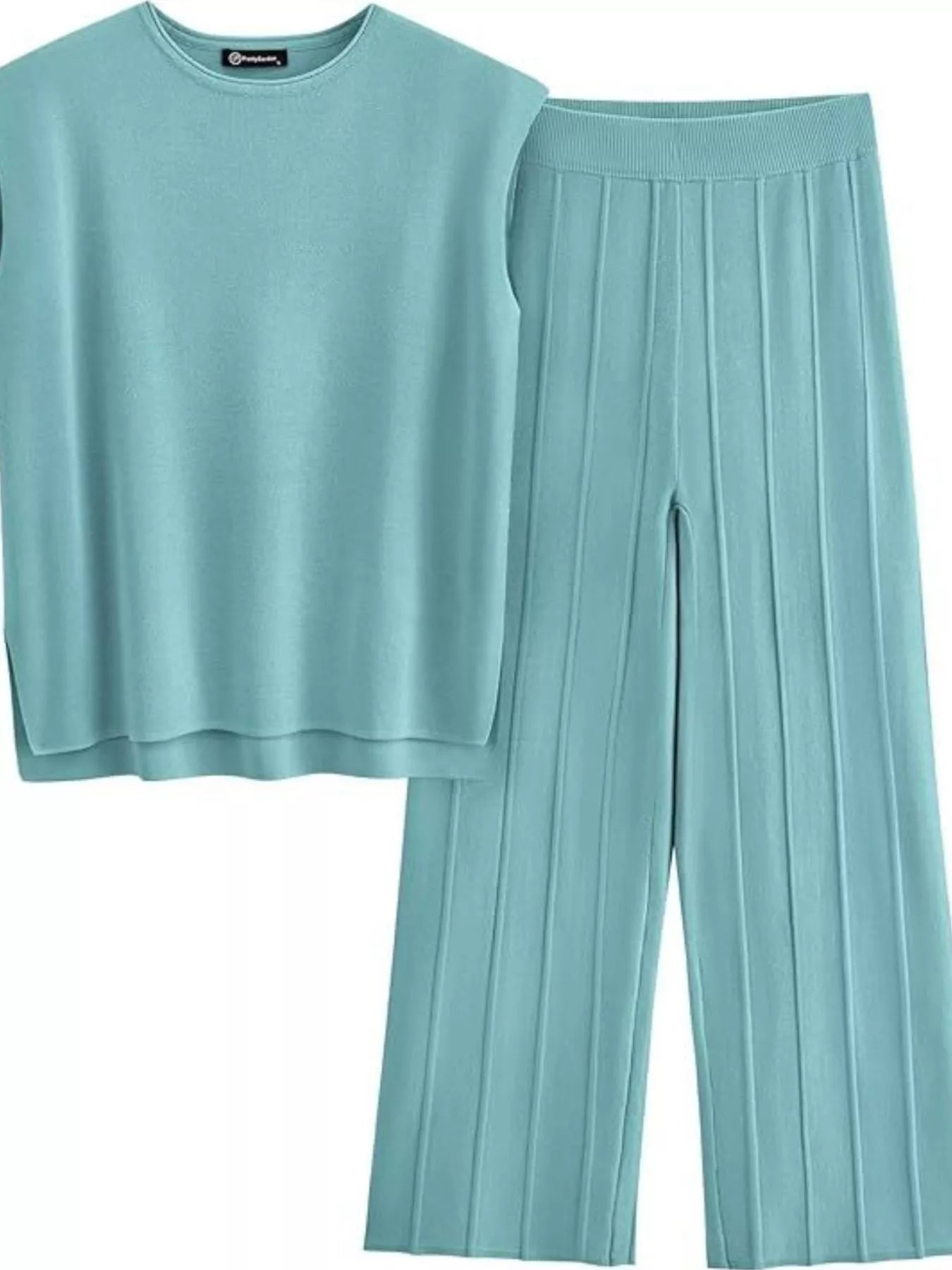 Casual Solid Color Cap Sleeve Top and Pants Knit Set