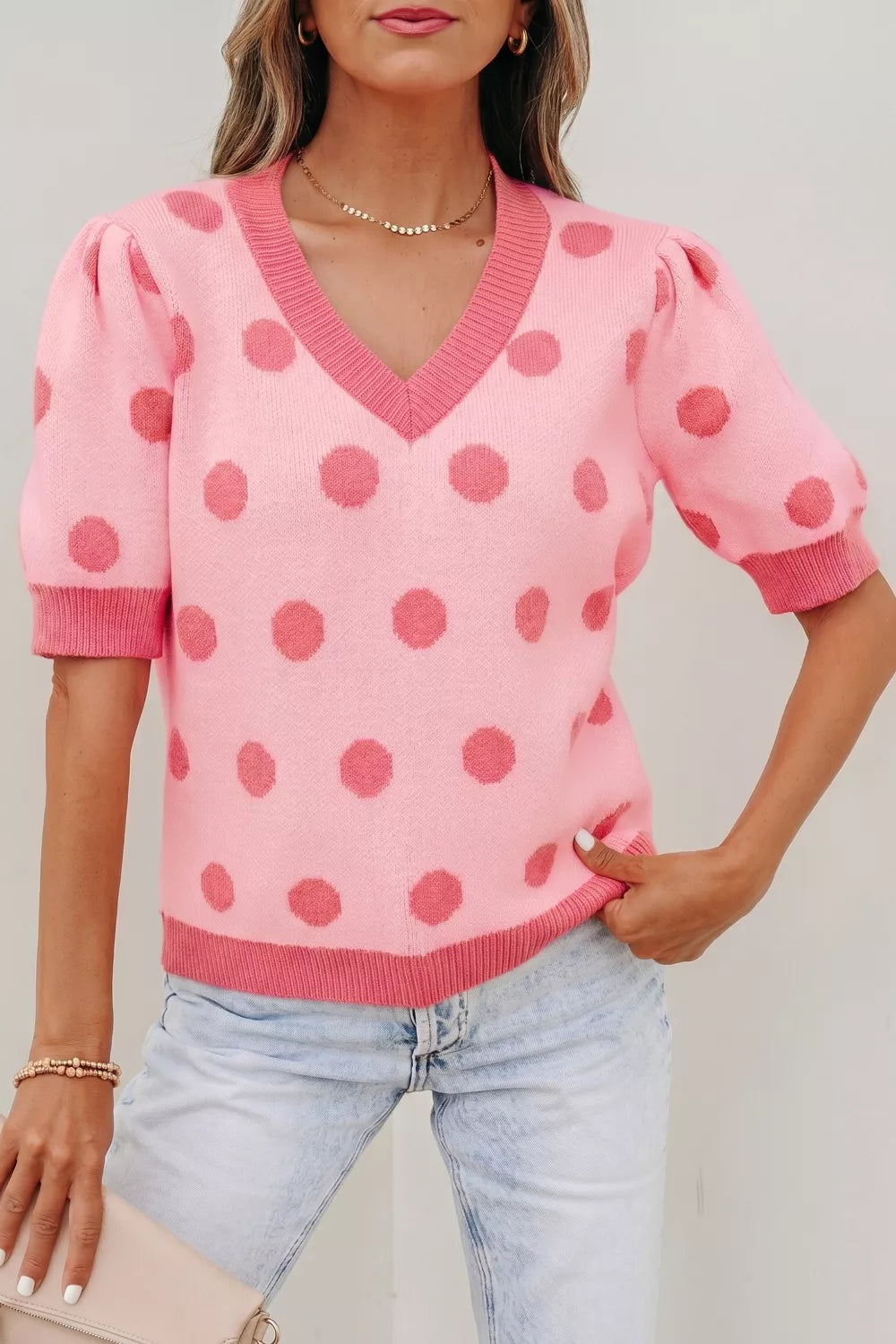 Polka Dot Puff Short Sleeve Sweater Top