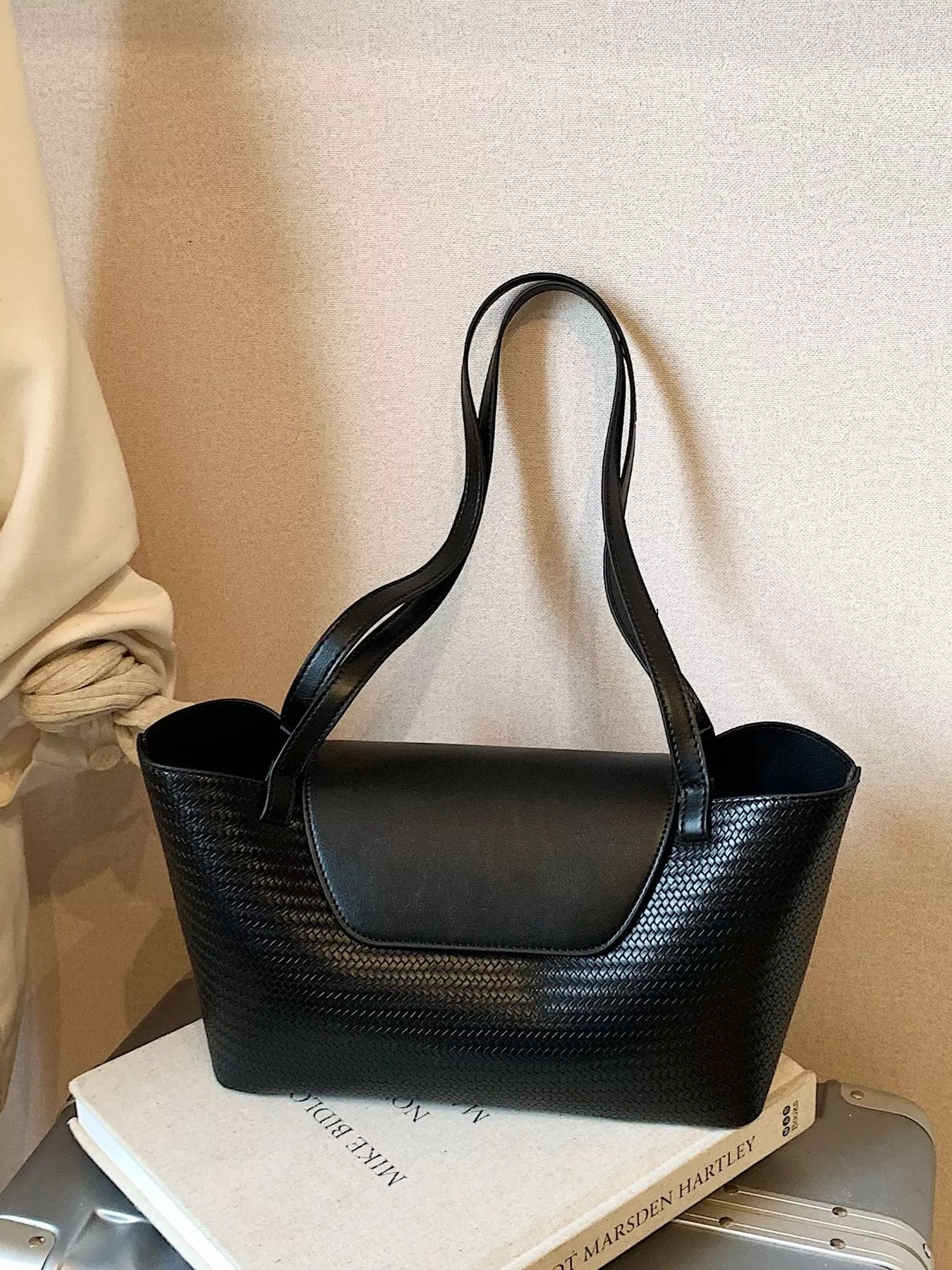 Texture Tote Bag with Beaded Charm