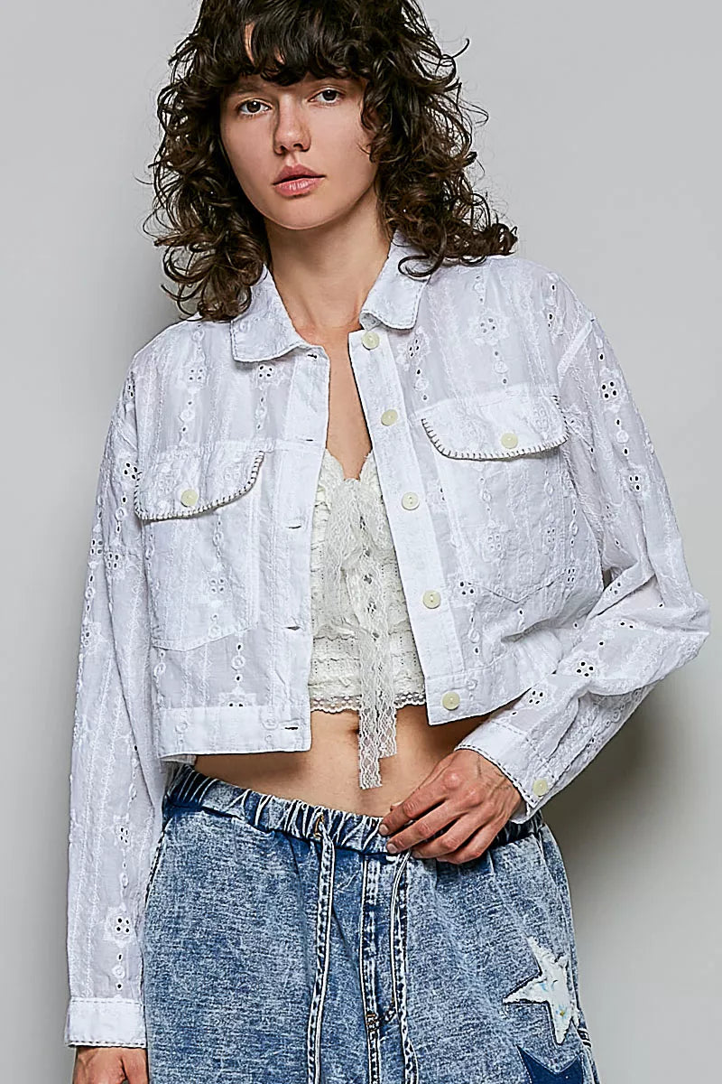 POL Eyelet Textured Cotton Cropped Button Front Jacket