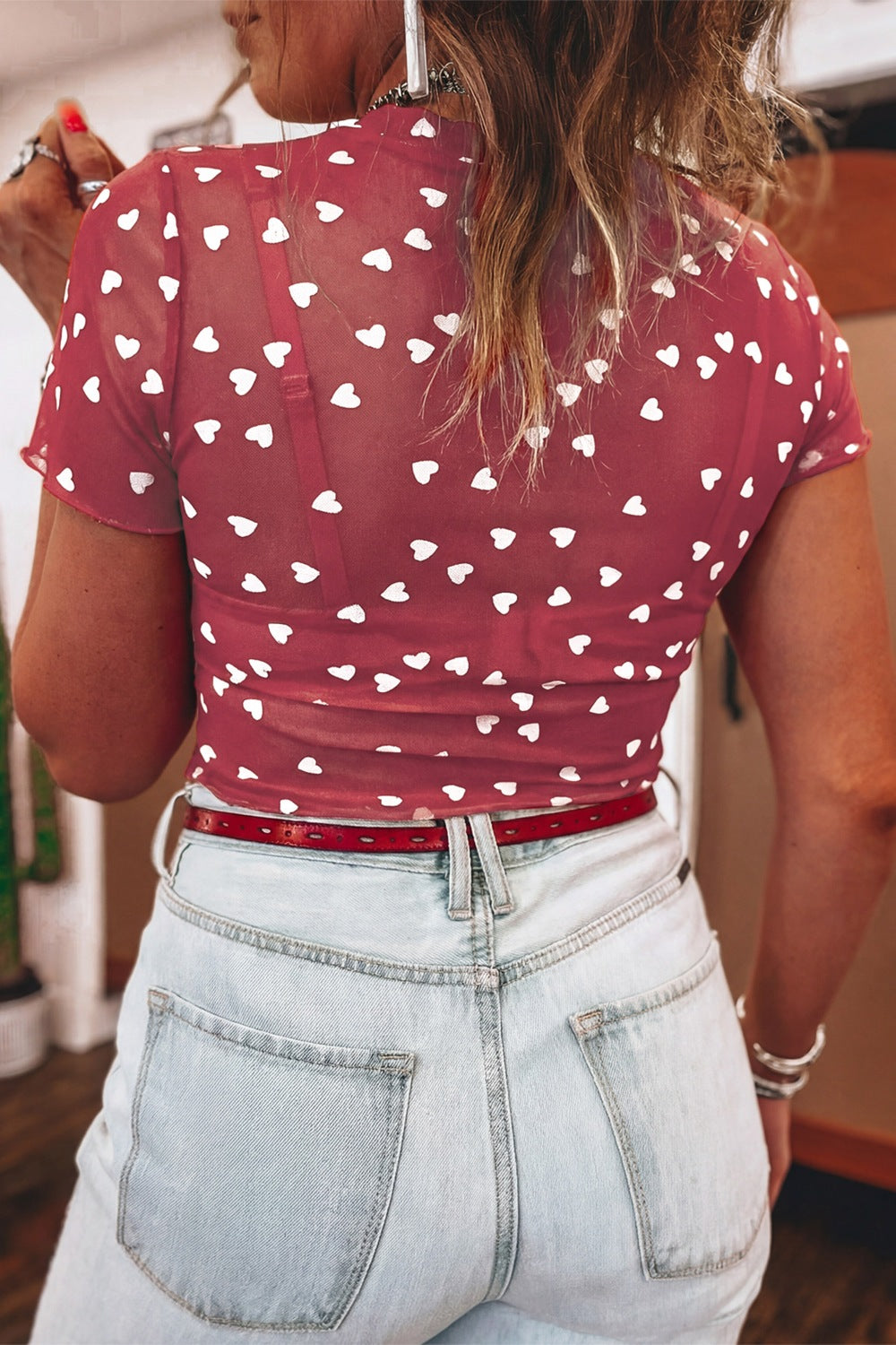 Sheer Heart Print Fitted Top