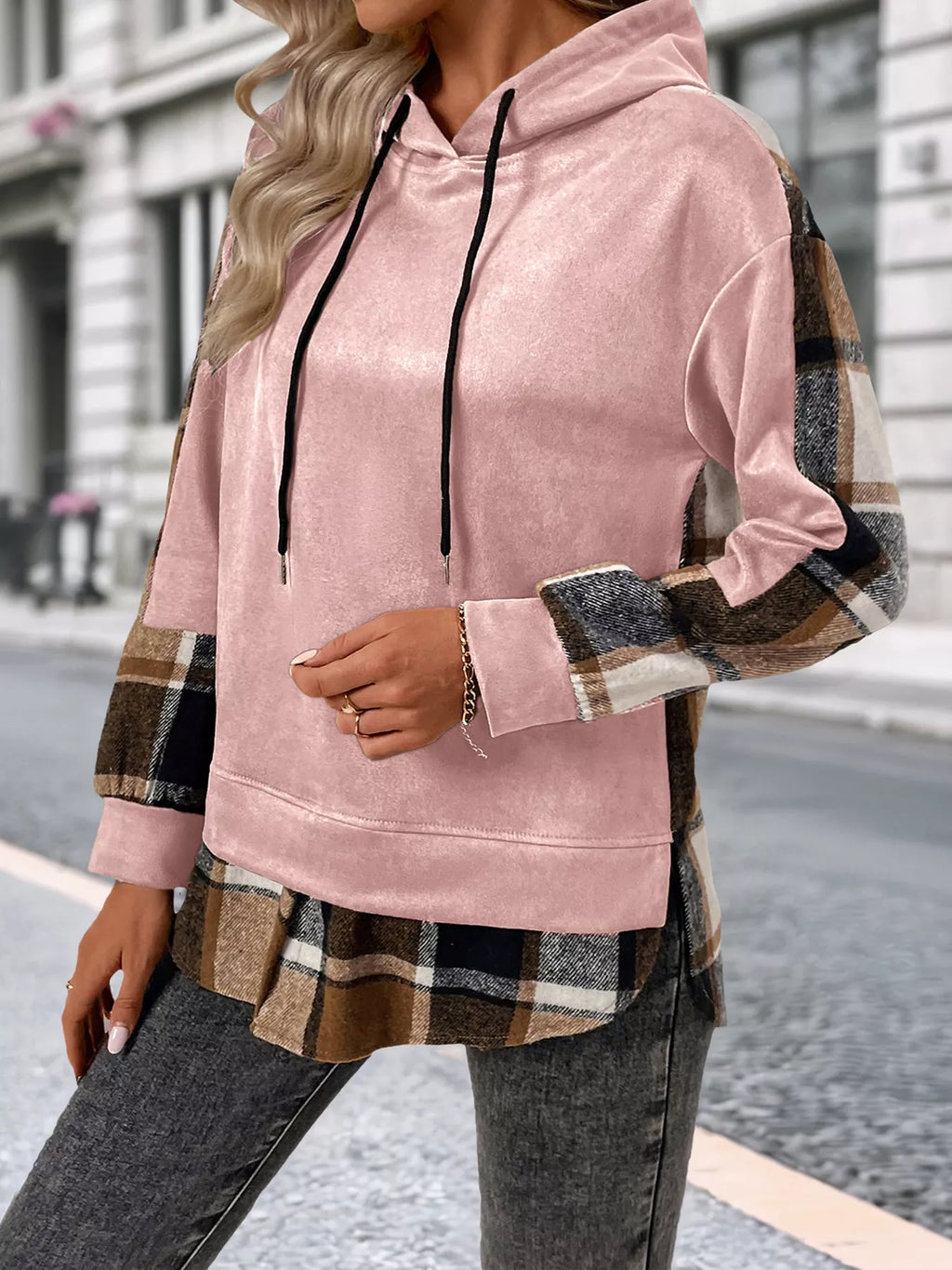 Plaid Drawstring Long Sleeve Hoodie