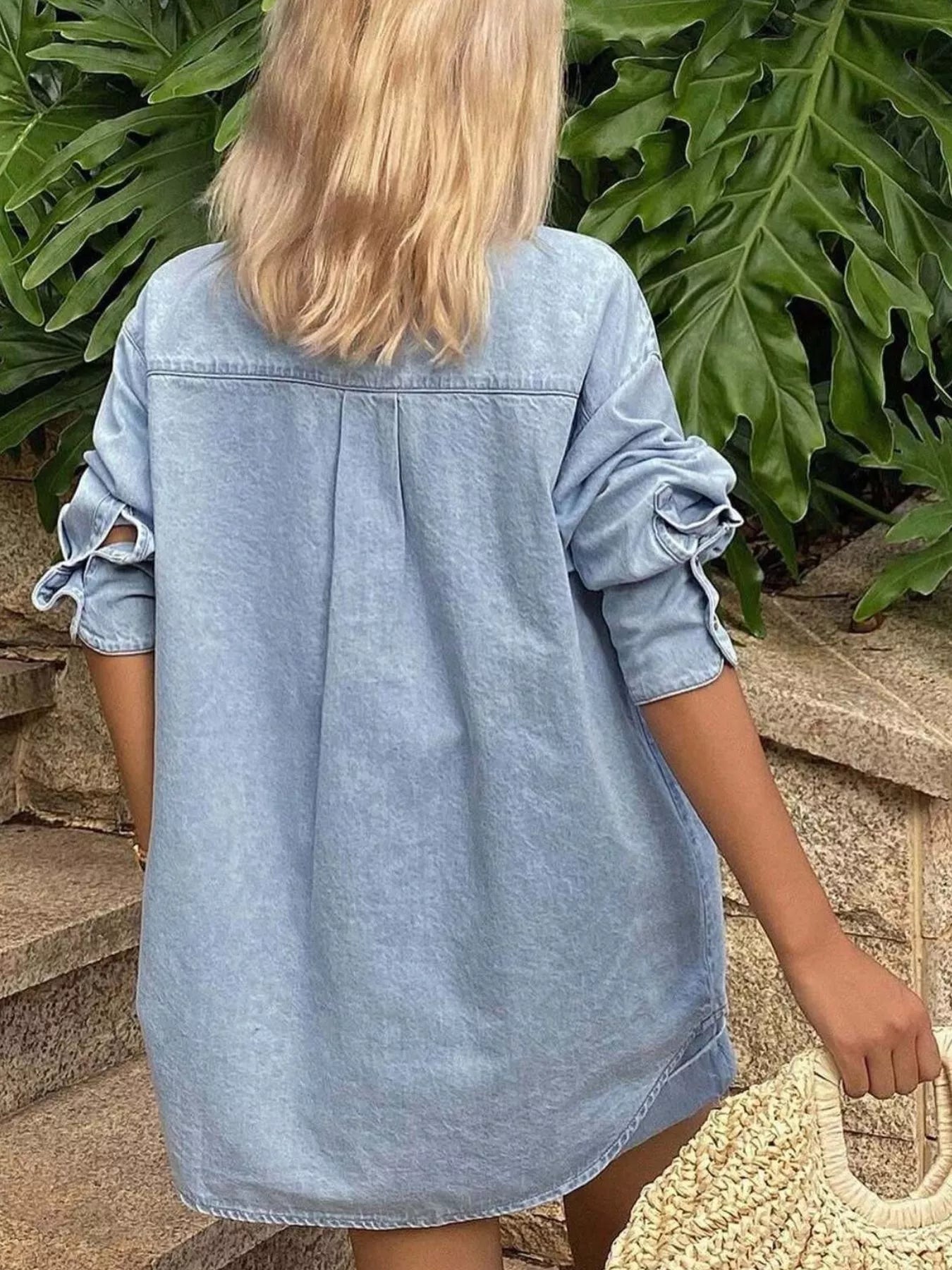 Button Up Long Sleeve Shirt and Shorts Denim Set
