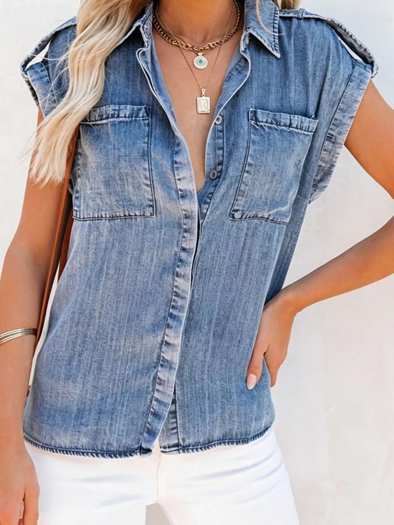Casual Washed Button Up Denim Top