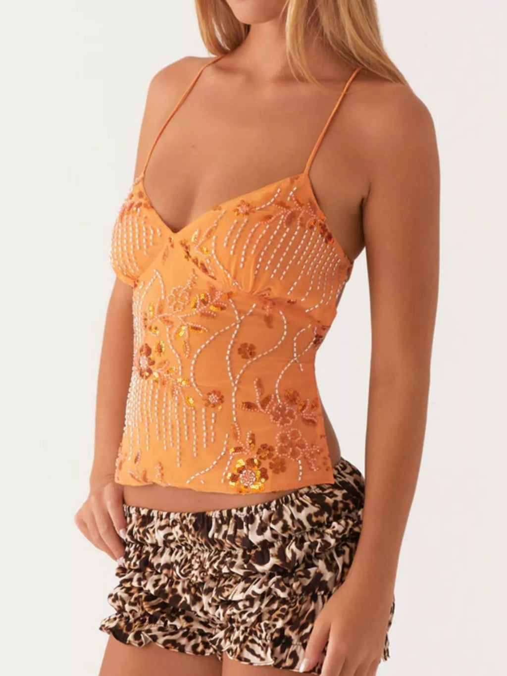 Floral Lace Up Back V-Neck Cami