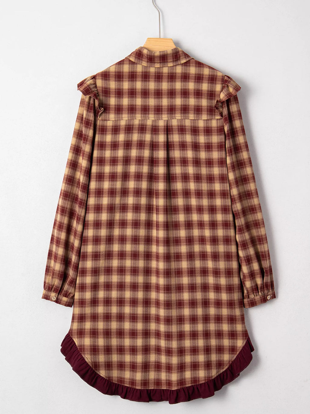 Plaid Print Ruffled Long Sleeve Patchwork Hem Mini Shirt Dress