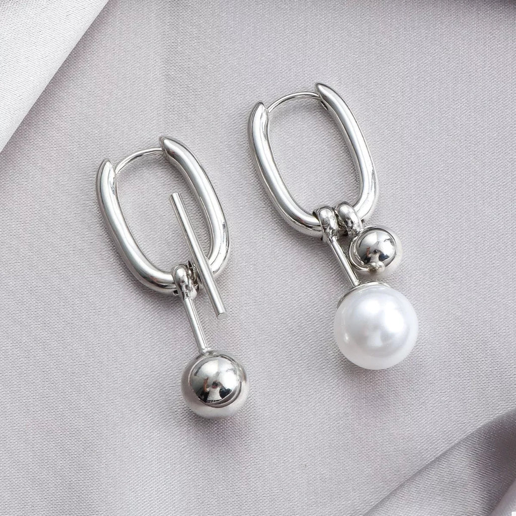 Asymmetrical Pearl Drop Hoop Earrings