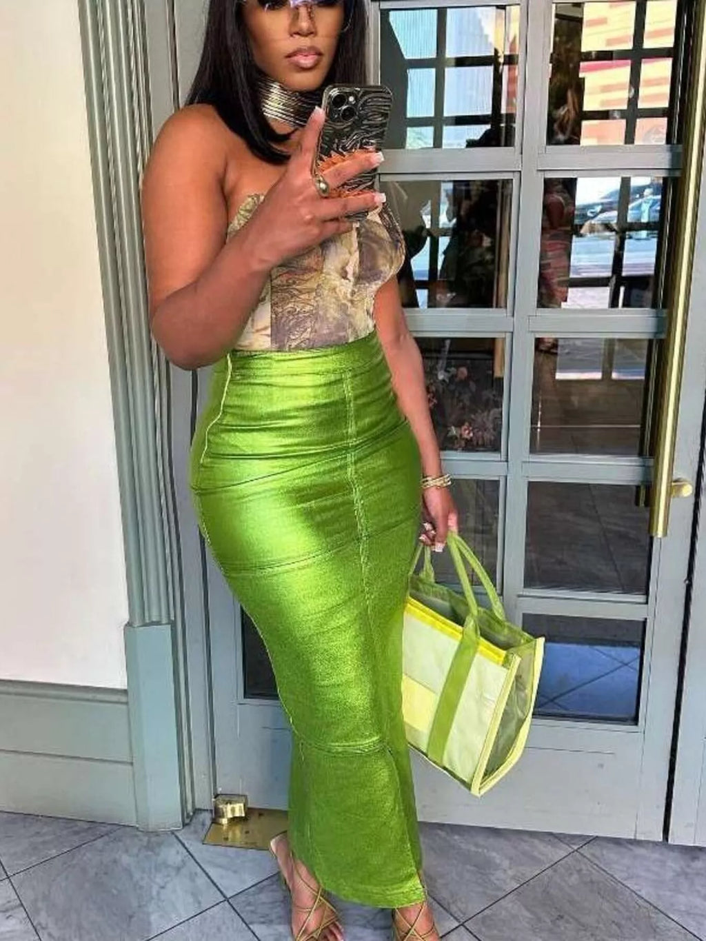 Shimmering Side Slit Bodycon Maxi Skirt